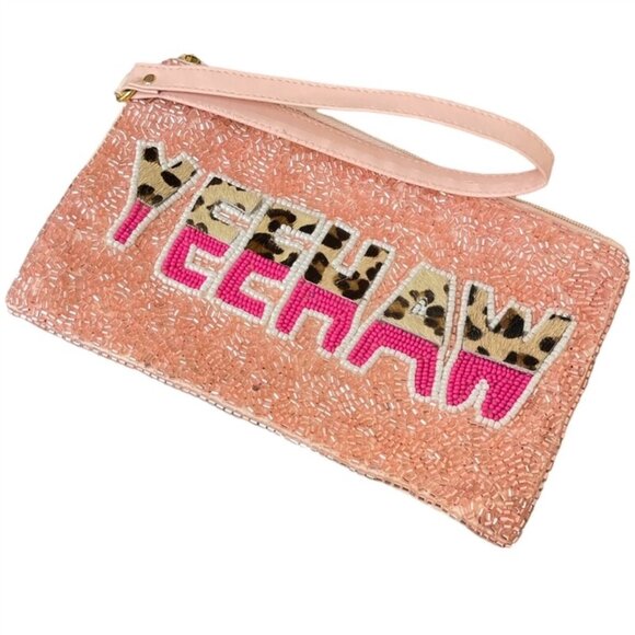Beaded Yee Haw Cowgirl Western Pink Leopard Money Makeup Lipstick Wristlet Bag - Picture 2 of 4